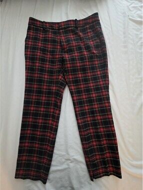 Zara Pants Women 8 Black Red Cropped Plaid Slash Pocket Straight Holiday Preppy